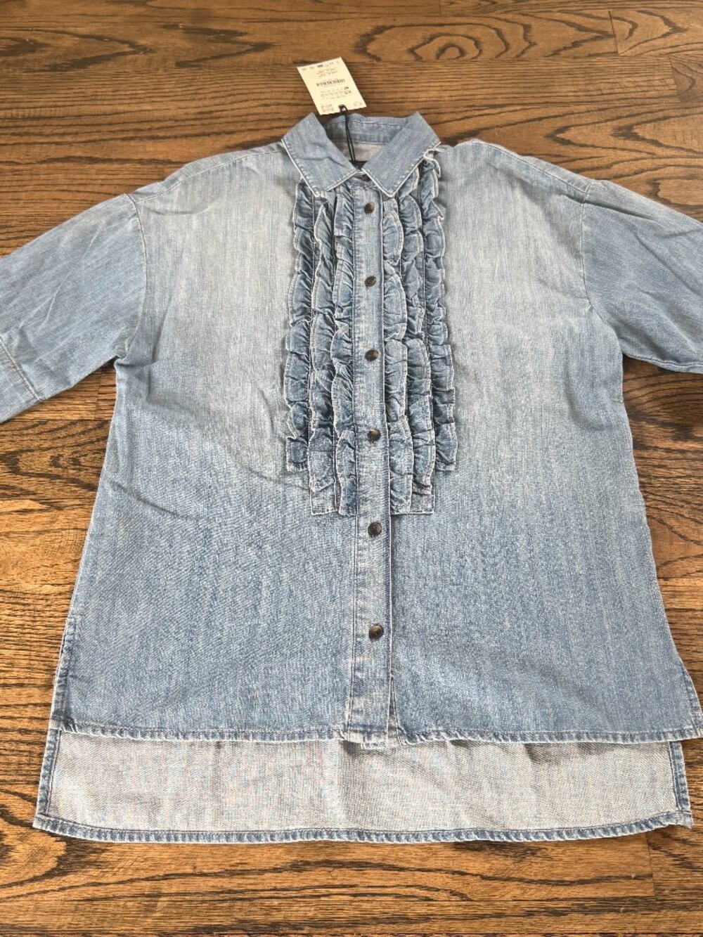 Zara Ruffled Denim Tunic Shirt Button Up Short Sleeve Blue Oversized Sz XS NWT